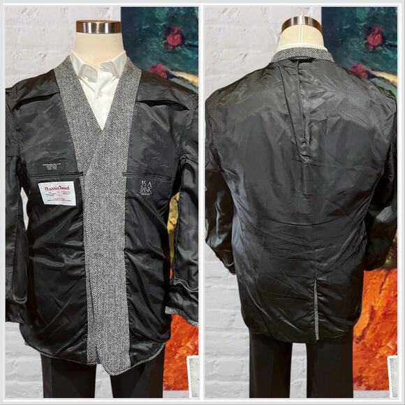 Harris Tweed x Jos A Bank 44R Black White Herringbone Sport Coat Blazer 3/2 Roll - Picture 8 of 14
